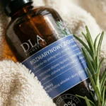 Zbliżenie na etykietę butelki Rozmarynowy Ziołoocet leżącej na ręczniku obok gałązki rozmarynu.