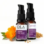 Serum na zmarszczki pod oczy Kosmetyki DLA - butelki z nasionami kozieradki i kwiatem nagietka