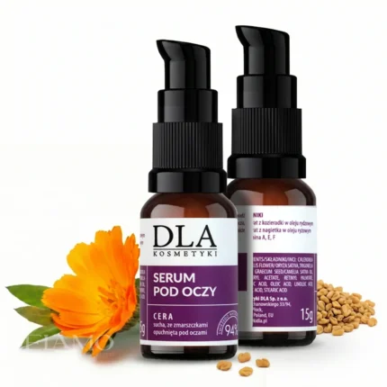 Serum na zmarszczki pod oczy Kosmetyki DLA - butelki z nasionami kozieradki i kwiatem nagietka