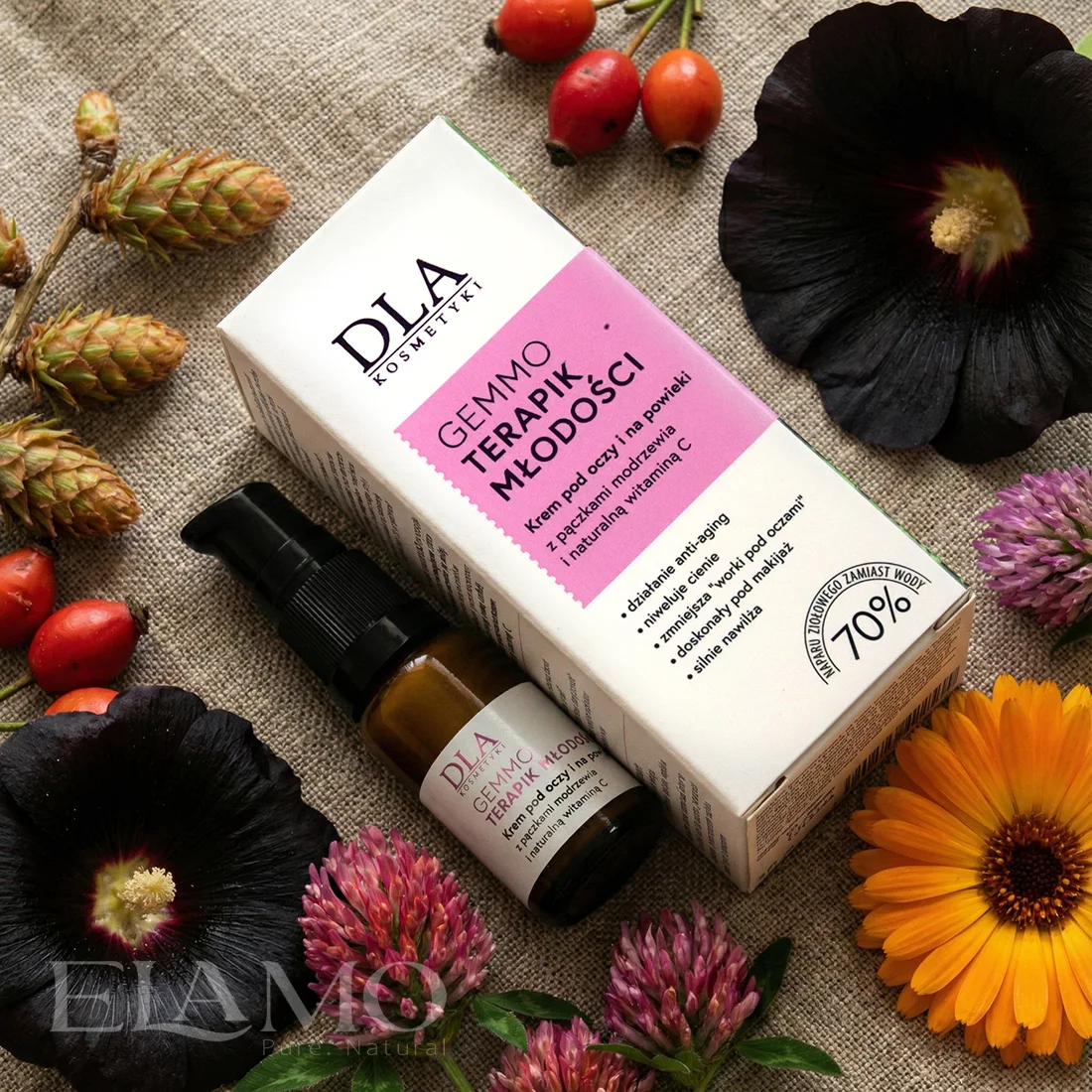 Bogaty skład ziołowy kremu: czarna malwa, nagietek, koniczyna czerwona i owoce róży wokół butelki Gemmoterapik.