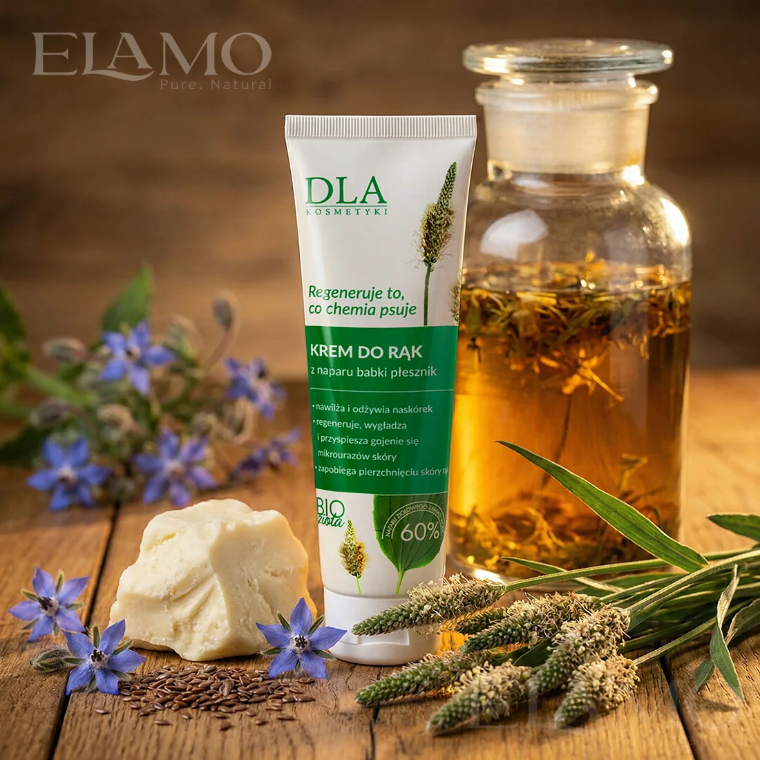 Składniki kremu do rąk: masło shea, nasiona lnu, nasiona babki płesznika i napar ziołowy