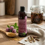 Składniki szamponu Koniczynkowa Włosomyjka: koniczyna, nasiona kozieradki, korzeń tataraku i mydlnica lekarska.