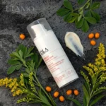 Leżąca butelka Ukoimy Atopika Krem z próbką konsystencji, gałązkami nawłoci i jagodami rokitnika