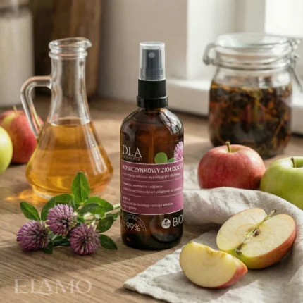 Butelka Ziołooctu w kuchni otoczona jabłkami i ziołami - kuracja przeciw wypadaniu włosów.
