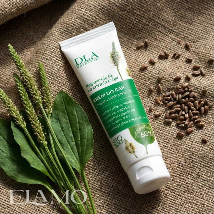 Ziołowy krem do rąk babka płesznik obok świeżych liści i nasion rośliny