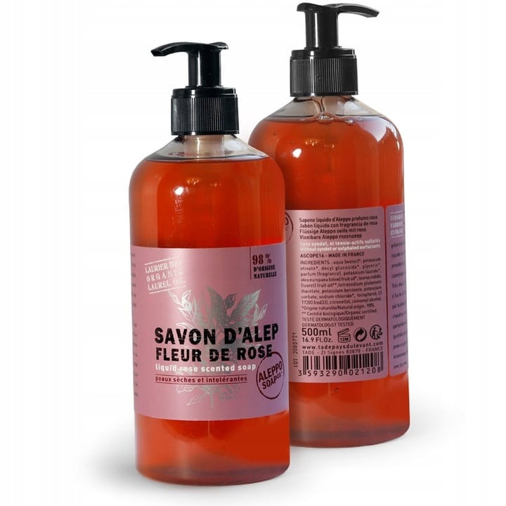 MYDLO-ALEPPO-W-PLYNIE-OLIWKOWO-LAUROWE-ROZA-500ml Mydło Aleppo Kwiat Róży w Płynie pod prysznic wytwarzane przez tradycyjne gotowanie w kotle oliwy z oliwek z pierwszego tłoczenia i potasu. MYDŁO ALEPPO W PŁYNIE OLIWKOWO LAUROWE RÓŻA 500ml
