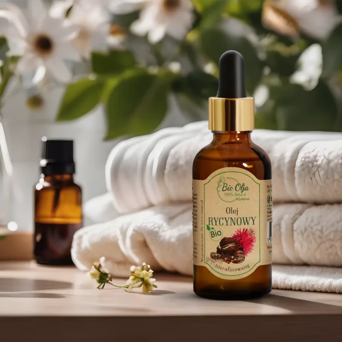 "Butelka z olejem rycynowym Bio marki BioOlja, z etykietą zawierającą rysunek kwiatu rącznika, stoi na drewnianej powierzchni z białymi ręcznikami spa i roślinami w tle