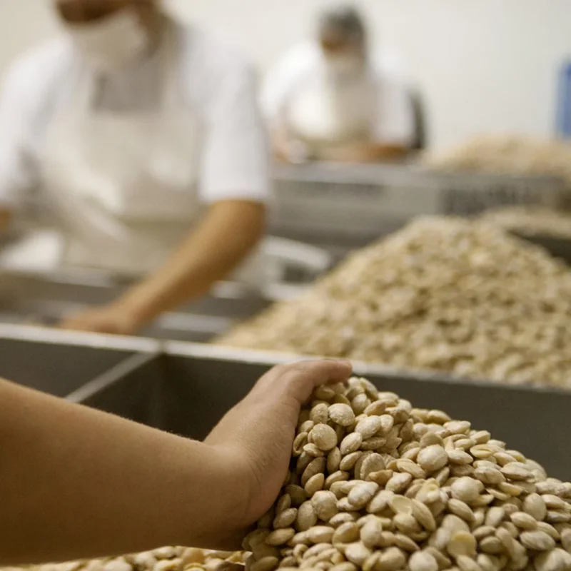 Proces selekcji orzechów Sacha Inchi w fabryce z pracownikami w białych fartuchach i maskach na tle, ręka zbliża surowe orzechy do kamery, produkcja oleju z Sacha Inchi, kontrola jakości żywności.