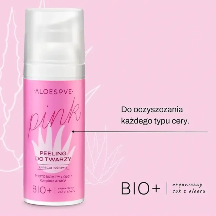 Opakowanie ALOESOVE Pink Peeling do Twarzy na różowym tle zdo oczyszczania każdego typu cery'. Produkt zawiera BIO+ organiczny sok z aloesu oraz kompleks AHAG, idealny do złuszczania i odnawiania skóry.