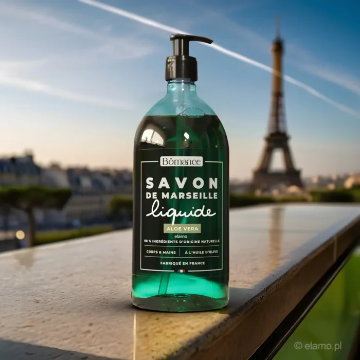 Francuskie mydło marsylskie aloesowe w płynie Bômance 1L na tle wieży Eiffla – naturalny kosmetyk na bazie aloesu, 98% składników pochodzenia naturalnego, idealny do pielęgnacji rąk i ciała.