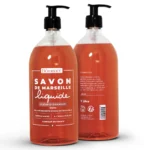 Naturalne mydło marsylskie kwiat pomarańczy w płynie "Fleur d'Orange" marki Bômance, 1 litr, widok przód i tył butelki z pompką