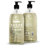 Mydło marsylskie w płynie naturalne 98% oliwa z oliwek, bez oleju palmowego, marki Bômance, 1 litr, widok przód i tył butelki z pompką