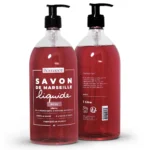 Naturalne różane mydło marsylskie w płynie "Rose" marki Bômance, 1 litr, widok przód i tył butelki z pompką
