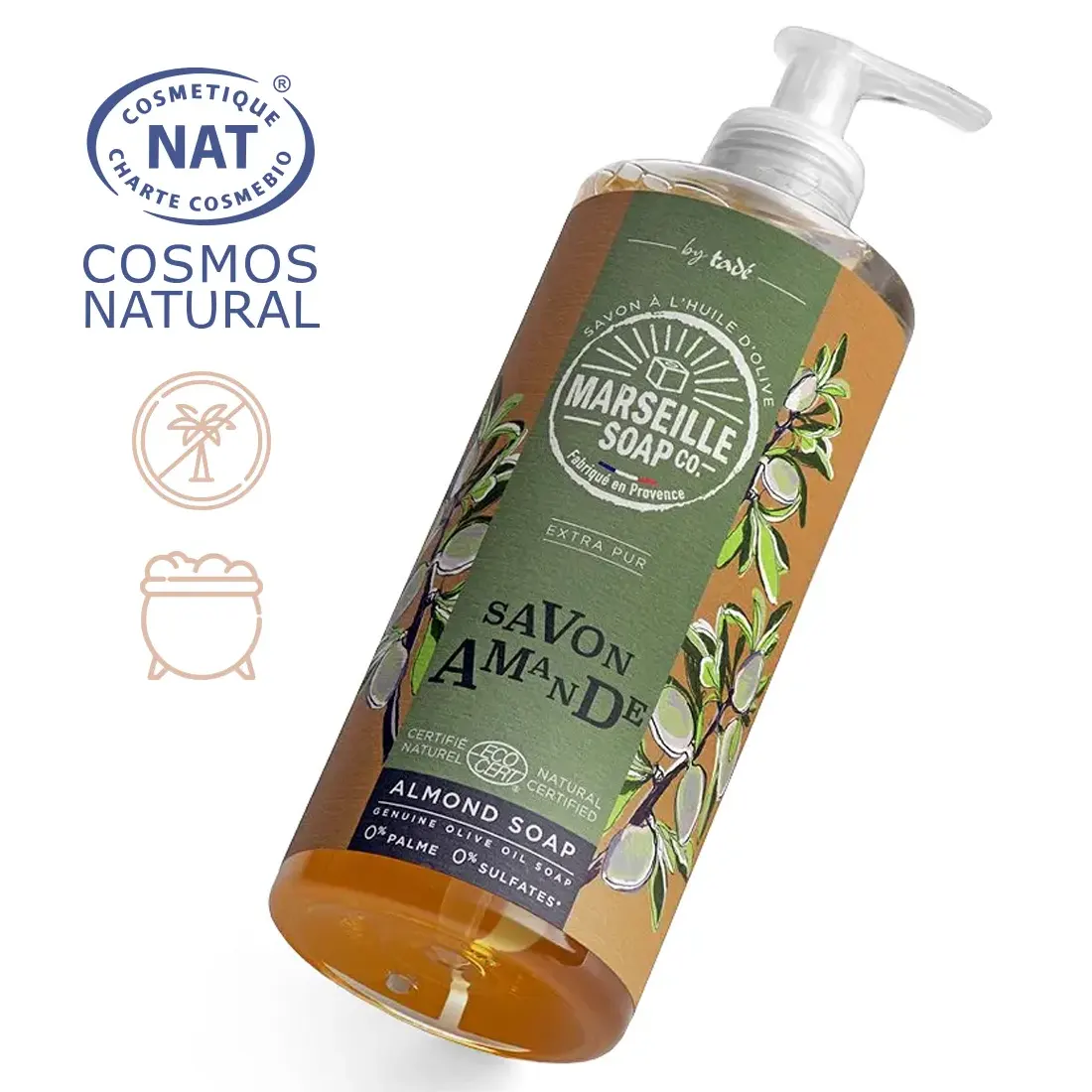 Certyfikowane przez ECOCERT GREENLIFE zgodnie ze standardami COSMOS, mydło marsylskie w płynie słodki migdał warzone w tradycyjnym kotle
