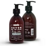 Naturalne mydło Aleppo w płynie 300 ml Bômance - widok z przodu i z tyłu butelki, zawiera oliwę z oliwek oraz olej laurowy, idealne do pielęgnacji ciała i rąk, delikatne dla skóry, bez parabenów, produkowane we Francji