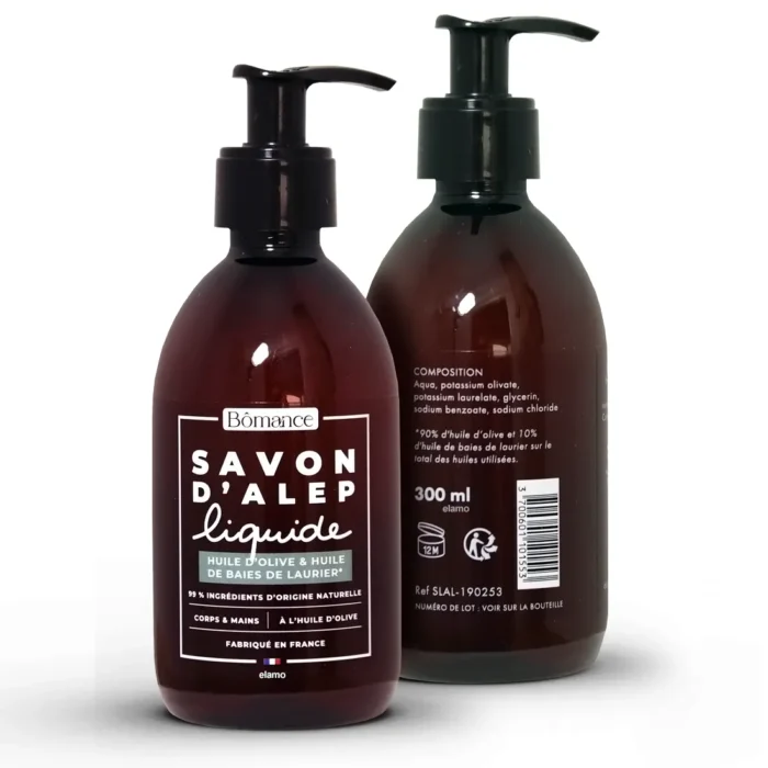 Naturalne mydło Aleppo w płynie 300 ml Bômance - widok z przodu i z tyłu butelki, zawiera oliwę z oliwek oraz olej laurowy, idealne do pielęgnacji ciała i rąk, delikatne dla skóry, bez parabenów, produkowane we Francji
