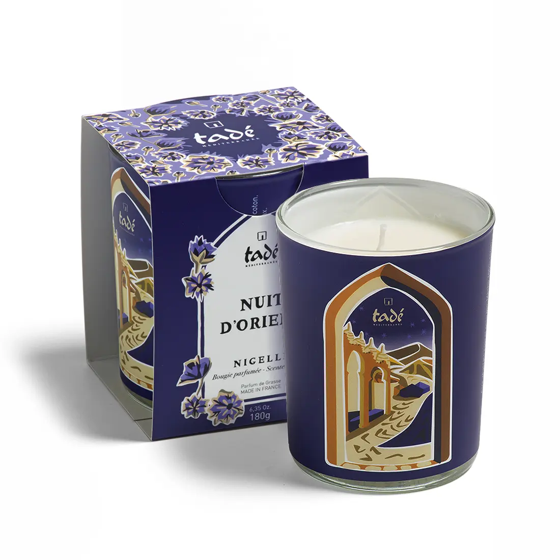 swieca_zapachowa_noc_orientu_tade Świeca zapachowa Noc Orientu Tadé Méditerranée - świeca z organicznego wosku w szklanym pojemniku, ozdobionym wzorem inspirowanym orientem.