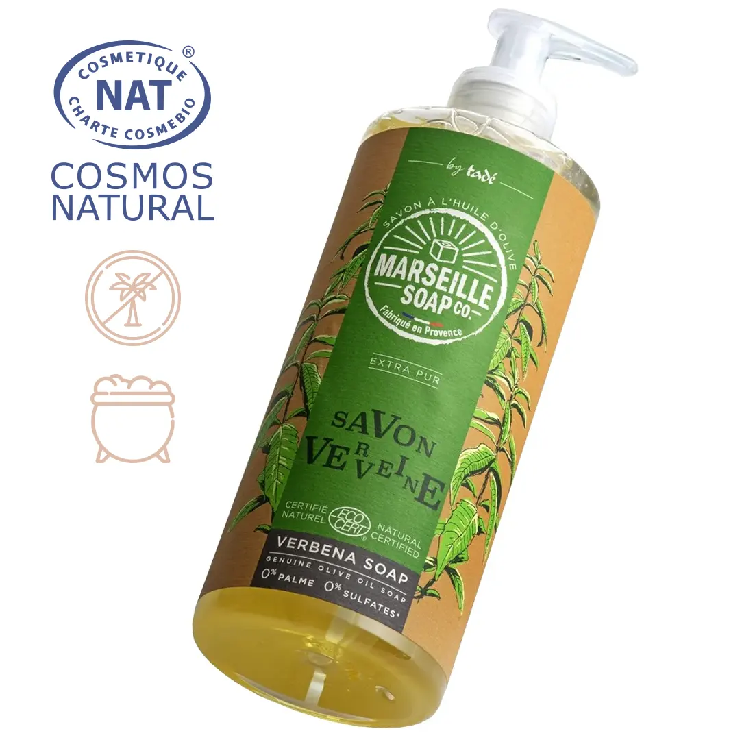 Certyfikowane przez ECOCERT GREENLIFE zgodnie ze standardami COSMOS, mydło marsylskie werbena bez oleju palmowego, warzone tradycyjnie w kadziach