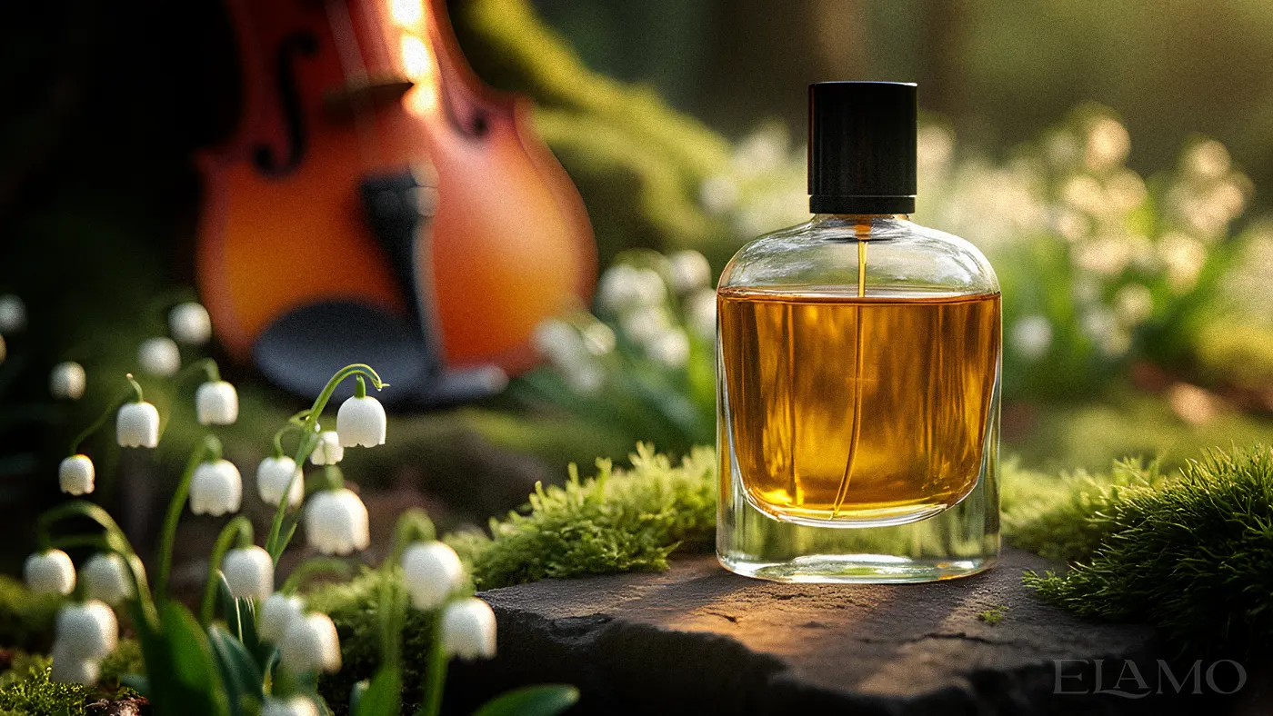 Ilustracja obrazująca nuty bazy w perfumach w scenerii leśnej pełnej mchu konwalii korzeni w tle skrzypce symbolizujące symfonie nut zapachowych