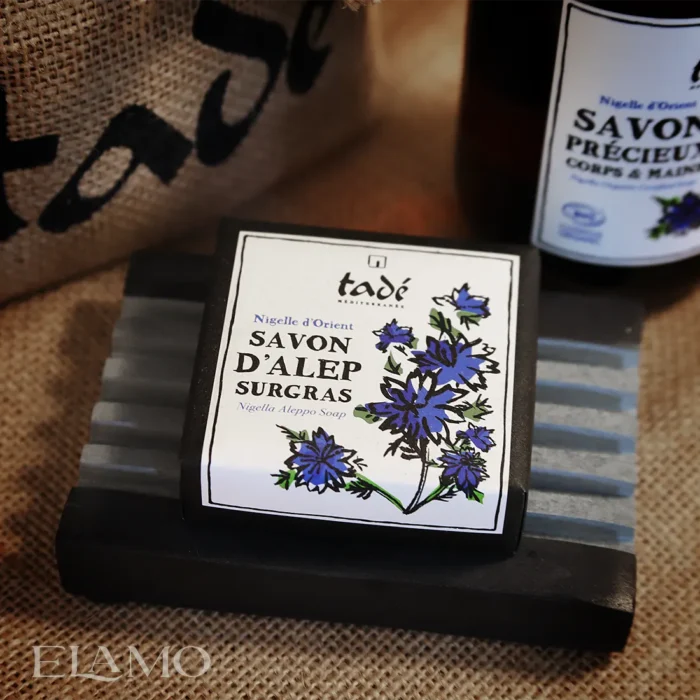 mydło aleppo w kostce z olejkiem z czarnuszki i mydło w płynie z czarnuszki marki Tade