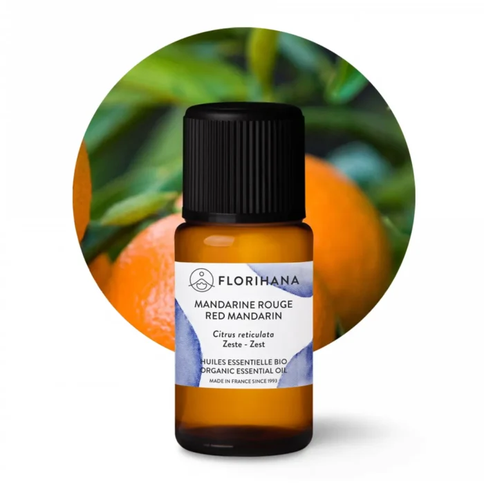 Olejek Mandarynkowy Florihana 15g na tle świeżych mandarynek – olejek eteryczny z czerwonej mandarynki