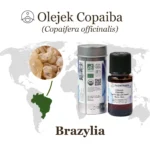 Ilustracja przedstawiająca olejek Copaiba (Copaifera officinalis) z Brazylii, pokazująca żywicę i mapę kraju