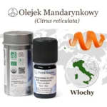 Olejek Mandarynkowy Florihana – pochodzenie: Włochy, mapa Europy z oznaczoną lokalizacją i skórką mandarynki