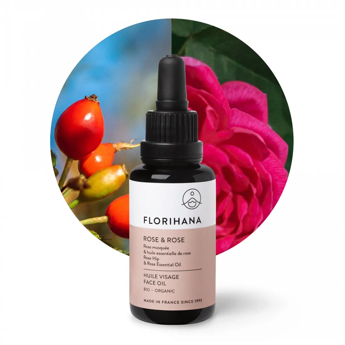 serum-rose-rose-florihana Szklana buteleczka organic serum Rose & Rose Florihana z pipetą na tle płatków róży damasceńskiej i róży rdzawej