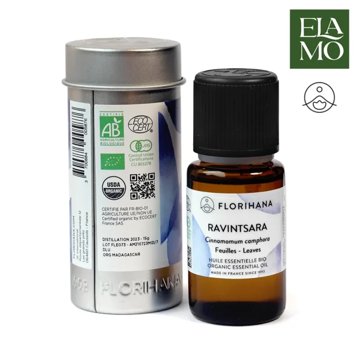 Ekologiczny olejek eteryczny Ravintsara (Cinnamomum camphora) marki Florihana z Madagaskaru w brązowej butelce, certyfikowany przez AB, Ecocert i USDA Organic.