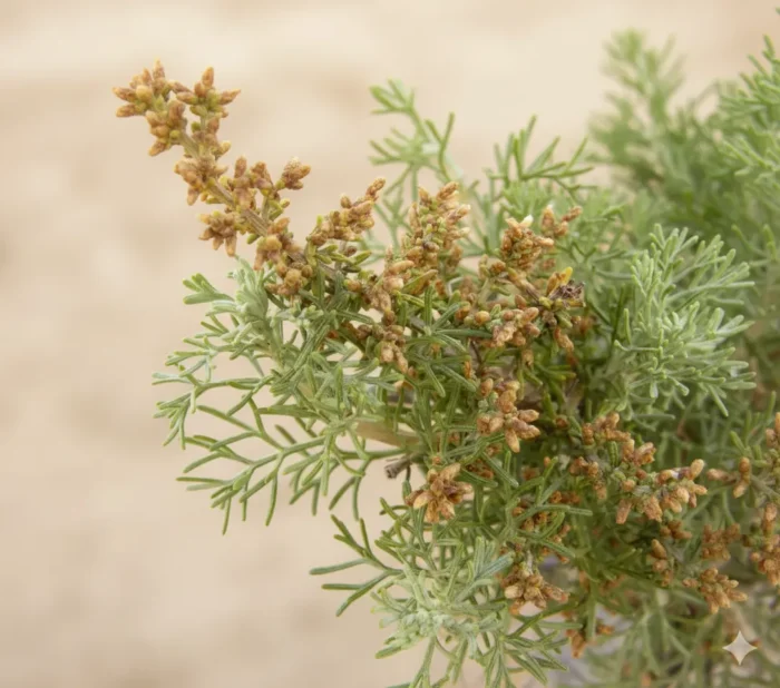Artemisia herba-alba — zbliżenie na kwitnące wierzchołki i srebrzysto-zielone liście z delikatnymi włoskami