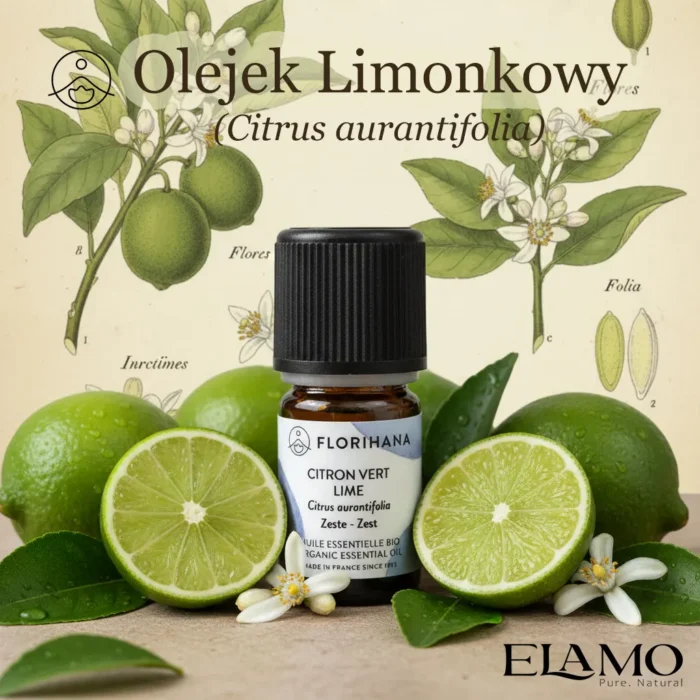 Olejek limonkowy Florihana na tle ilustracji botanicznej Citrus aurantifolia – owoce, liście i kwiaty limonki