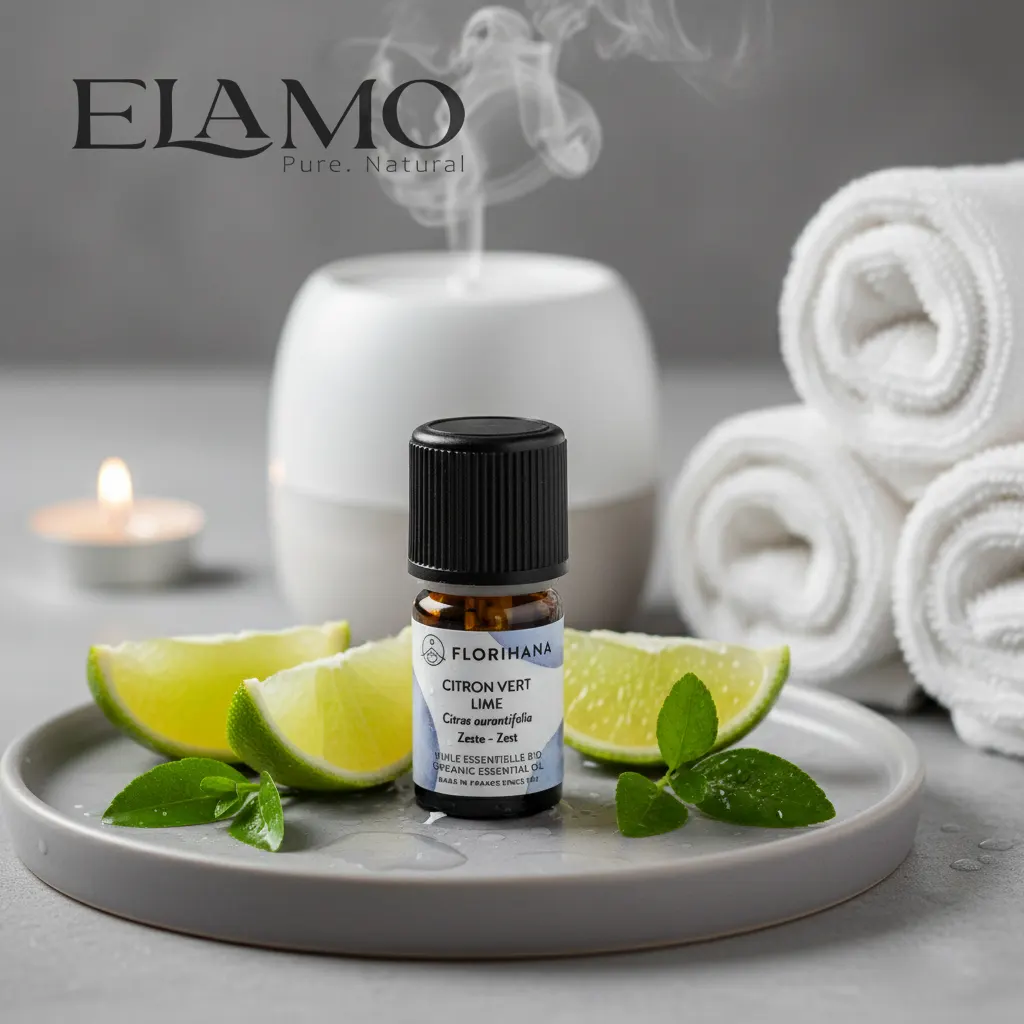 Olejek limonkowy BIO Florihana w scenerii spa z dyfuzorem, świeżymi plasterkami limonki i ręcznikami – aromaterapia i relaks