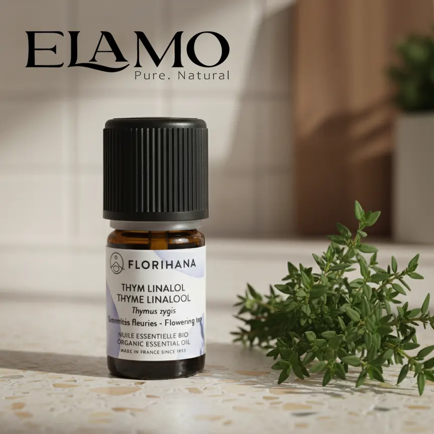 Olejek tymiankowy linalol Florihana w słonecznym wnętrzu kuchni z gałązką Thymus zygis