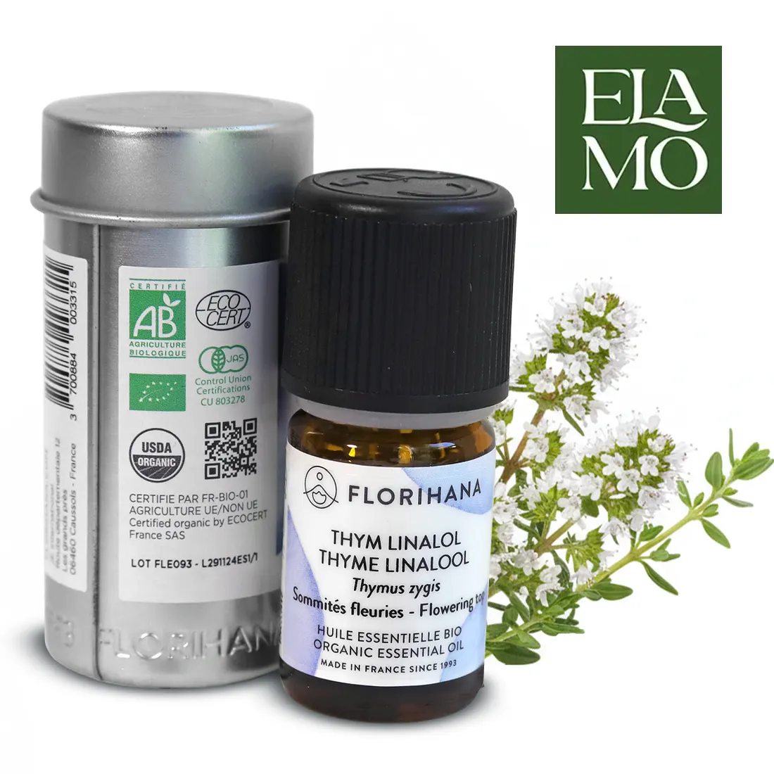 Packshot Florihana: olejek tymiankowy linalol z tubą i pędem Thymus zygis na białym tle