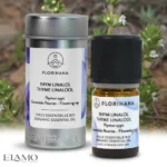 Zestaw Florihana: butelka i tuba olejku tymiankowego linalol na tle Thymus zygis