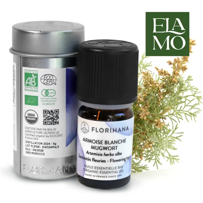 buteleczka olejku z bylicy białej z opakowaniem z certyfikatami jakości Ecocert JAS Florihana