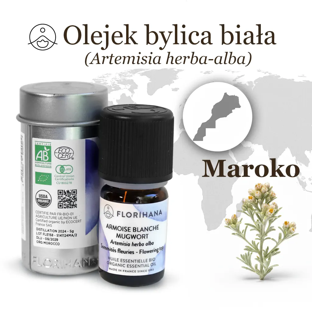Certyfikowany olejek z bylicy białej (Artemisia herba-alba) — pochodzenie surowca: Maroko, grafika informacyjna