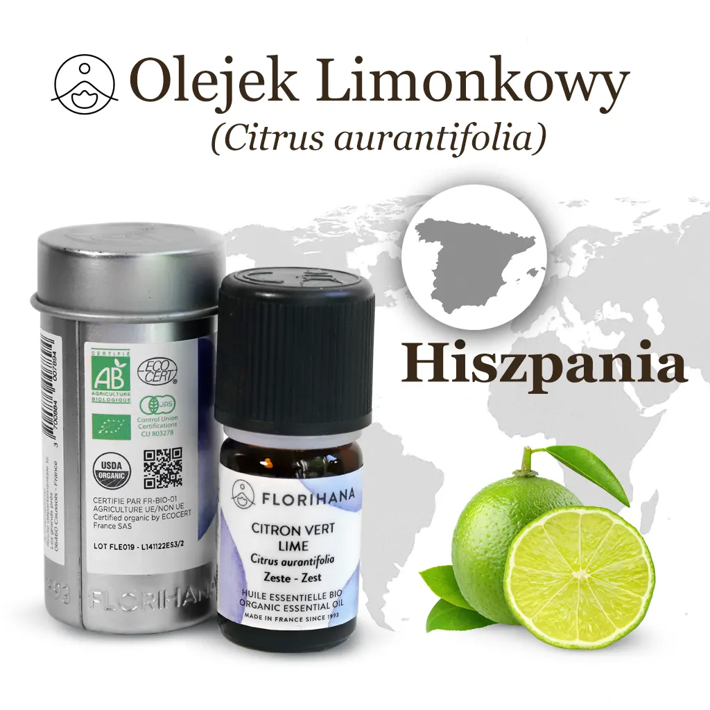 Olejek limonkowy BIO Florihana – pochodzenie Hiszpania, świeże owoce Citrus aurantifolia