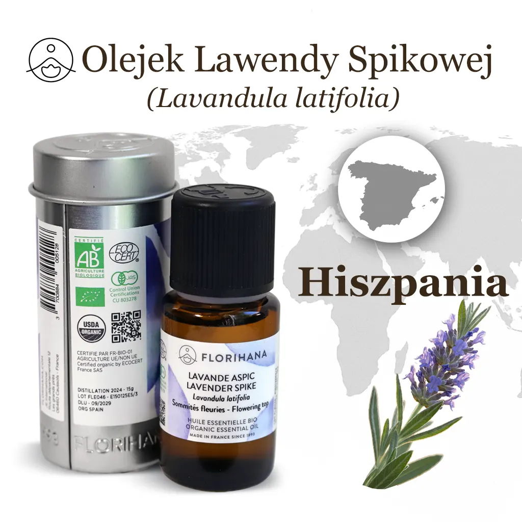 Olejek lawendowy spikowy Florihana 15 ml – certyfikaty BIO i kraj pochodzenia Hiszpania.