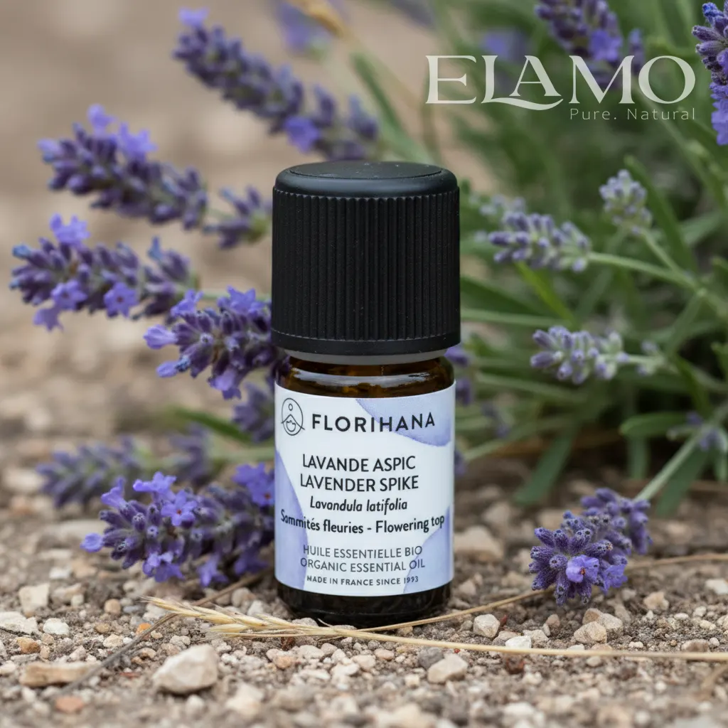Olejek lawendowy spikowy Florihana 5 ml na tle kwitnącej lawendy spikowej.