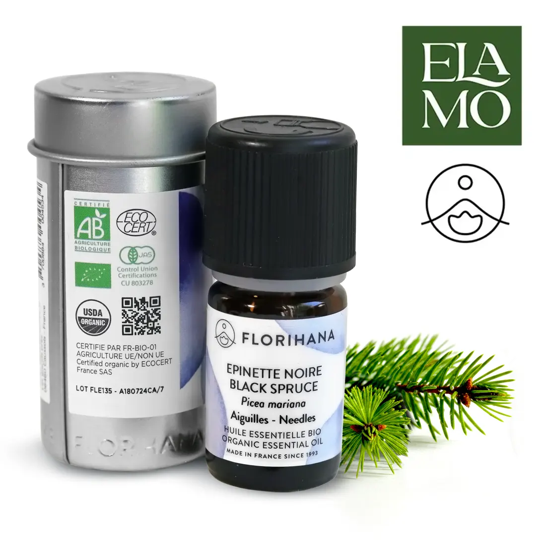 Olejek świerk czarny Florihana BIO 5 ml z metalowym opakowaniem – certyfikaty AB, Ecocert, JAS