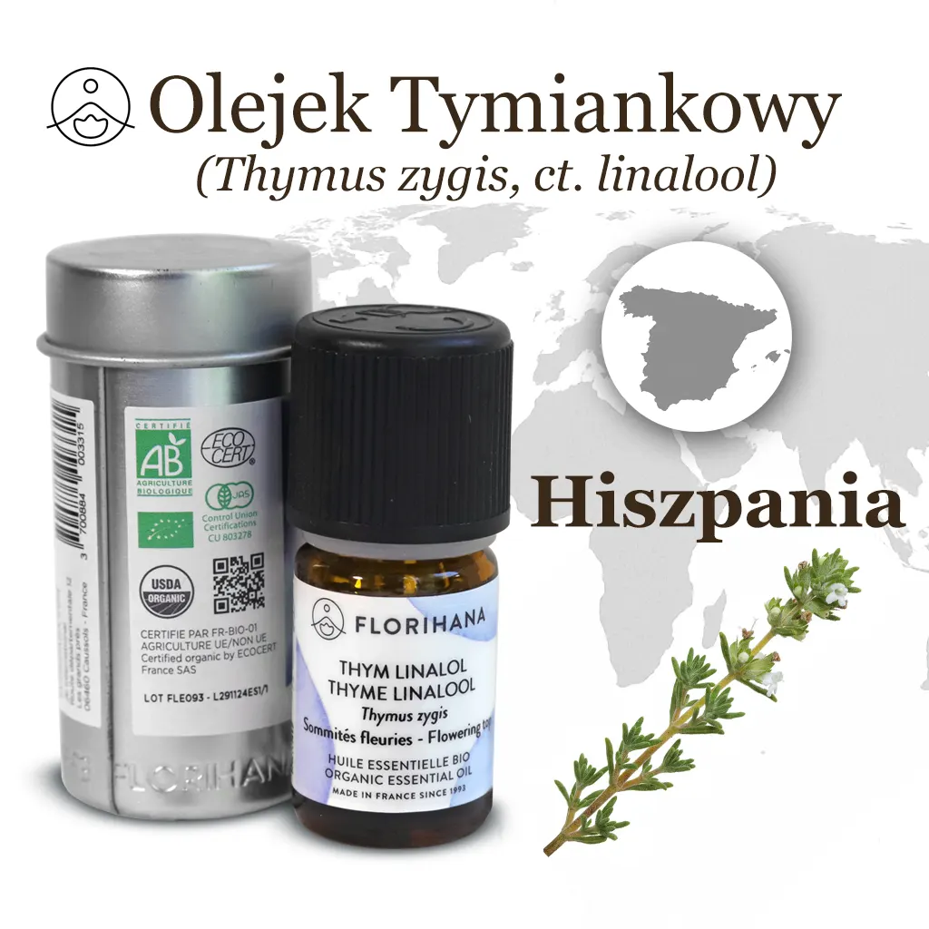Florihana olejek tymiankowy linalol – pochodzenie Hiszpania, certyfikaty ekologiczne