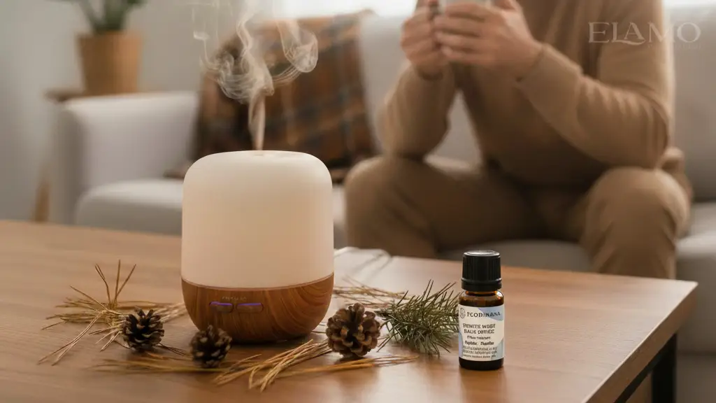 Dyfuzor ultradźwiękowy z olejkiem świerkowym Florihana podczas aromaterapii w domowym wnętrzu