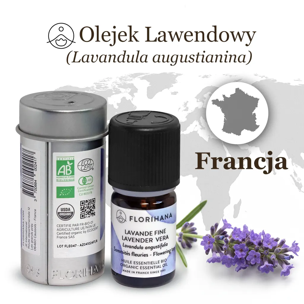 Olejek lawendowy Florihana z certyfikatami ECOCERT, USDA Organic i mapą Francji – Lavandula augustifolia
