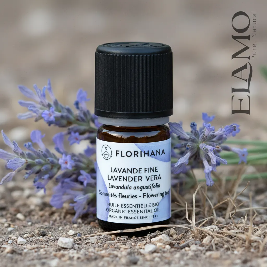 Olejek lawendowy Florihana Lavandula angustifolia w otoczeniu świeżych kwiatów lawendy na naturalnym tle prowansalskim