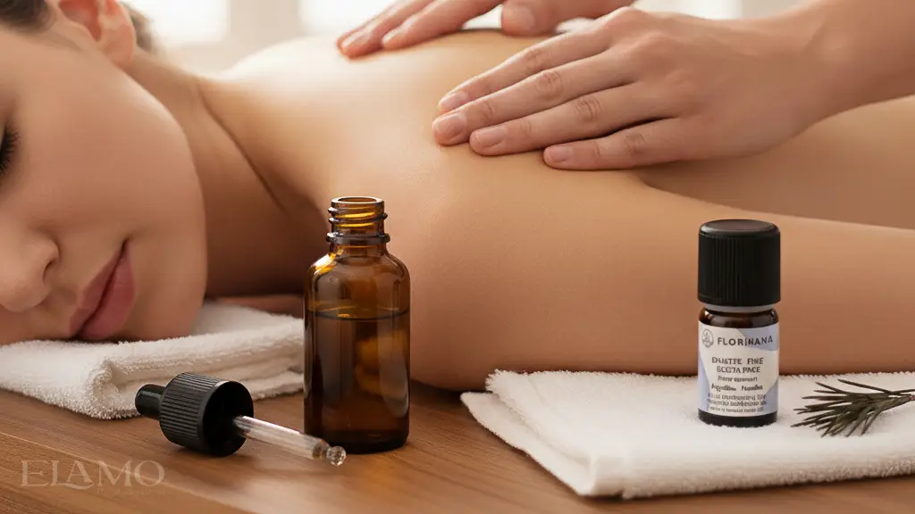 Masaż aromaterapeutyczny – na pierwszym planie brązowa butelka z pipetą i biały ręcznik, obok igły sosny i świerku; w tle dłonie masujące plecy – ilustracja do artykułu „Działanie olejku sosnowego i świerkowego na układ oddechowy”.