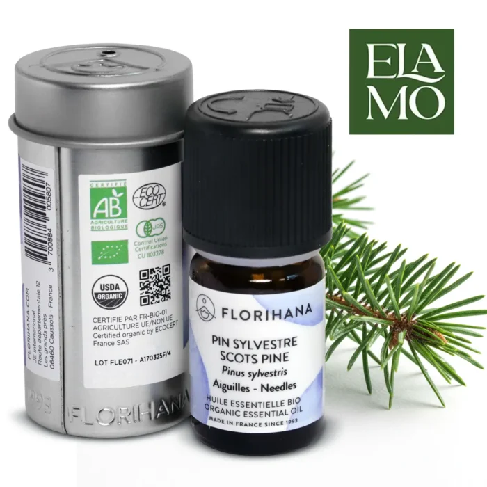 olejek sosnowy florihana packshot z metalowa puszka i logo elamo