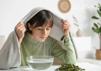 Parowka na zatoki z olejkami eterycznymi – miska z goraca woda i recznik na glowie