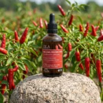 Butelka wcierki Chillowa ziołowcierka stojąca na kamieniu w środku pola z czerwonymi papryczkami chili.