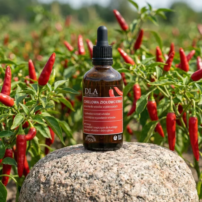 Butelka wcierki Chillowa ziołowcierka stojąca na kamieniu w środku pola z czerwonymi papryczkami chili.